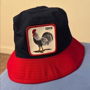 Goorin Bros Black and Red Rooster Patch Bucket Hat